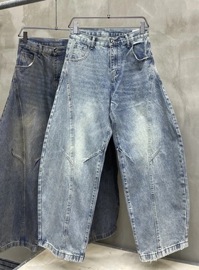 800-801 素3 男女秋季高品水洗弯刀脏脏色牛仔长裤 KZLLC2865