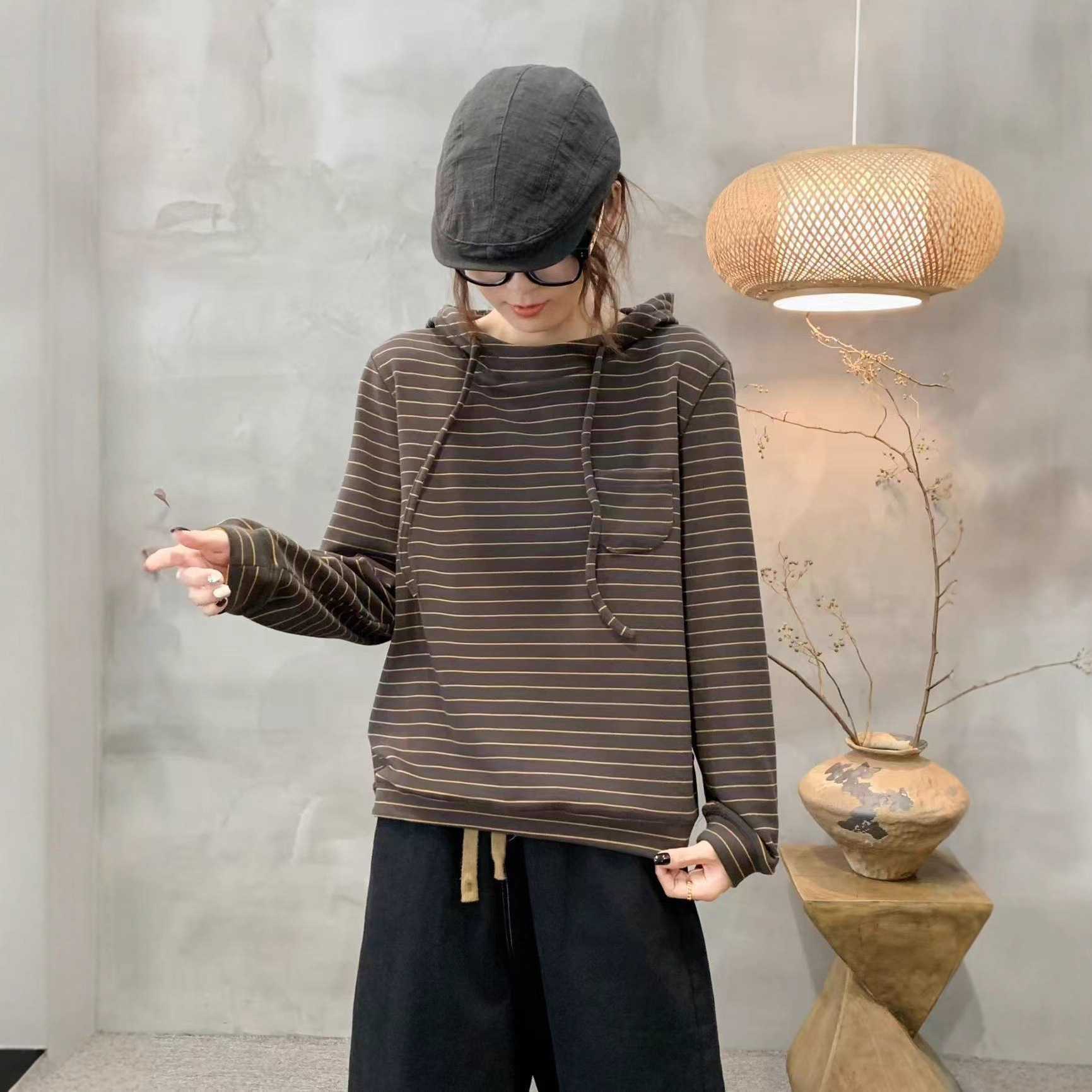 秋款新品宽松德绒长袖条纹文艺范小众显瘦百搭系带连帽套头卫衣