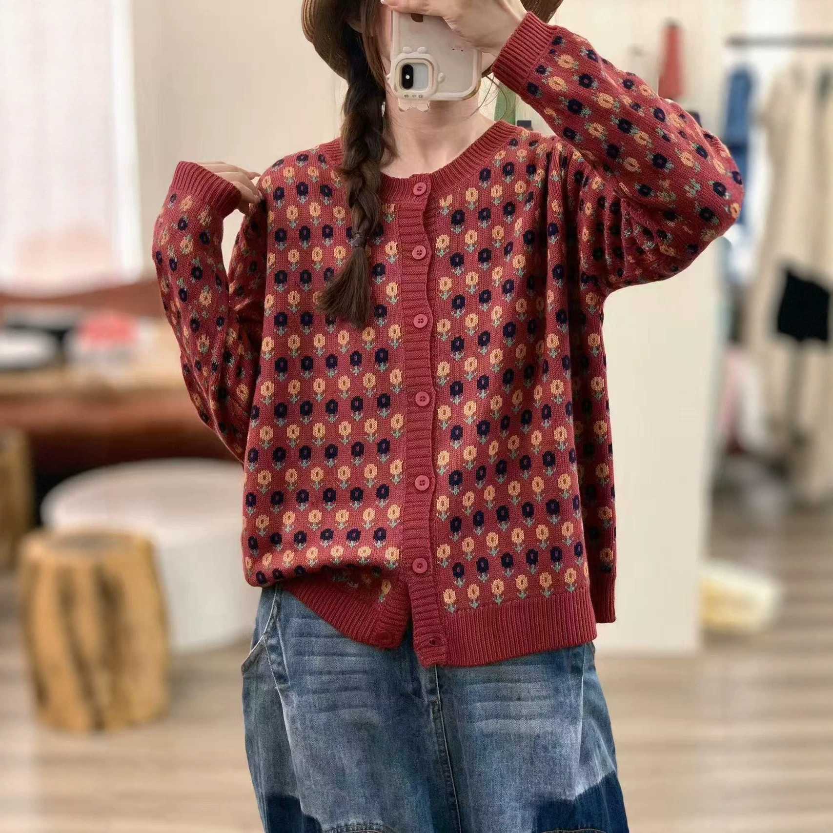 复古宽松提花圆领百搭休闲上衣秋季新品针织衫外套女SG084