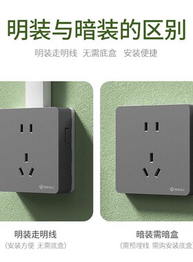 电工明装开关插座面板家用灰色墙壁明线盒电源一开带五孔插座