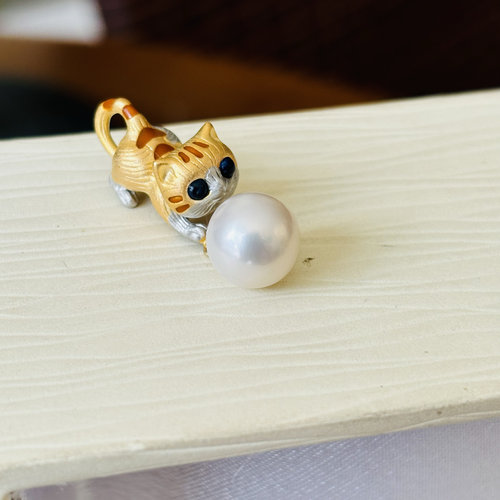 小猫玩耍纯银S925珍珠吊坠可配8-9-10mm珍珠珐琅彩绘咪咪