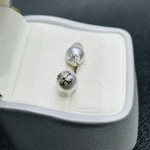 精工纯银S925十字架耳钉装通孔珍珠可配8-9-10mm珍珠