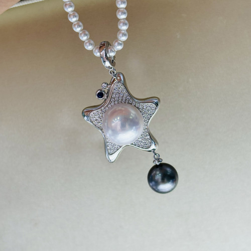 S925纯银精工满钻锆石星星万能扣可配11-13mm珍珠项链