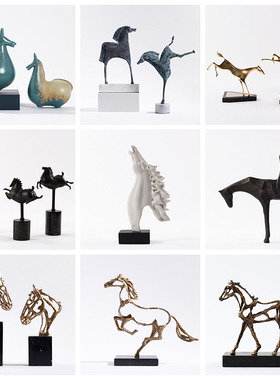 新中式陶瓷唐马摆件动物客厅样板房电视柜玄关镂空马头创意装饰品