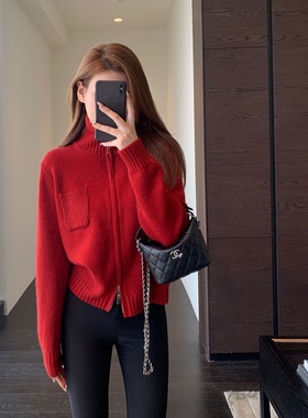 高版本新款慵懒风红色针织开衫毛衣宽松显瘦休闲外套上衣女