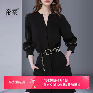 气质百搭黑色V领修身连衣裙御姐2025秋季收腰显瘦长袖裙子中长款