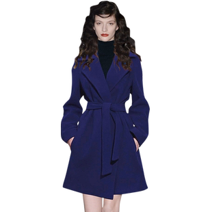 冬季2025时尚宝蓝色羊毛绒呢子外套女中长款高端气质修身减龄大衣