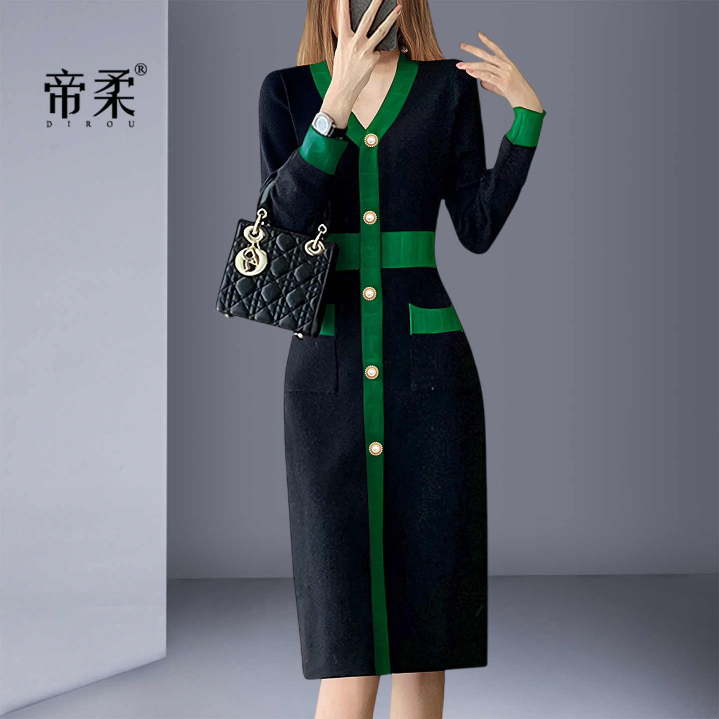 显瘦中长款连衣裙高级黑绿拼色