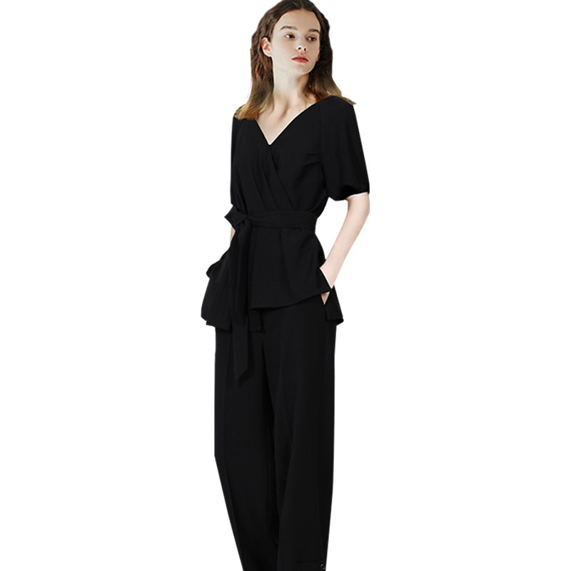 欧美御姐气质V领衬衫显瘦上衣长裤子两件套2022夏季新款休闲套装