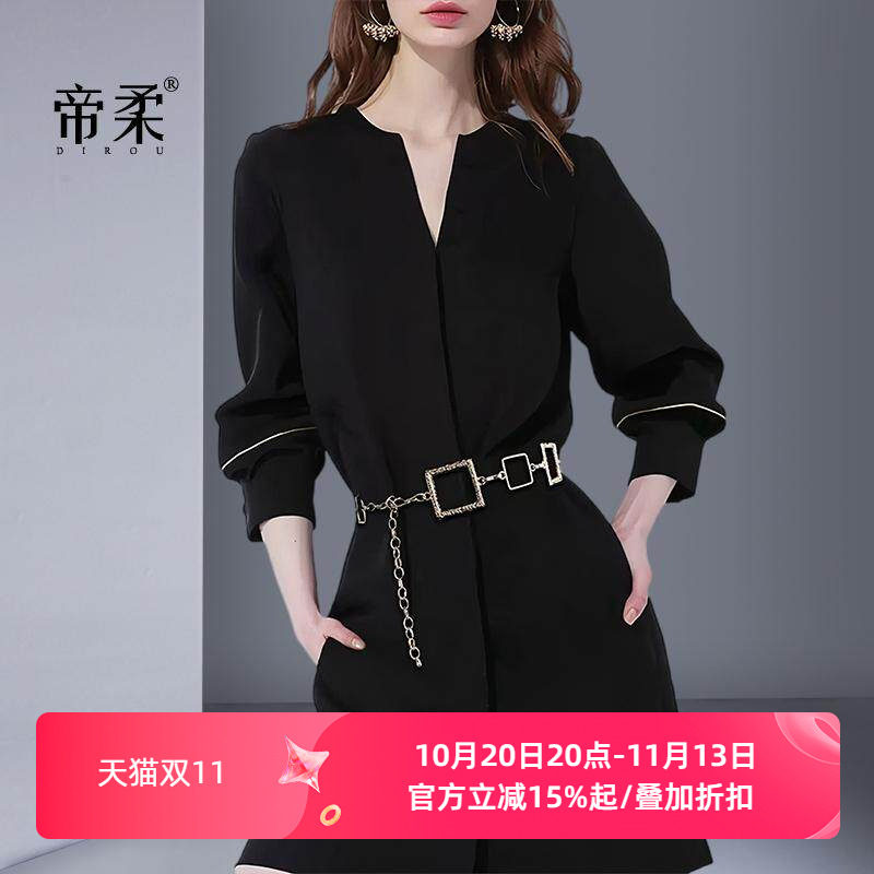 气质百搭黑色V领修身连衣裙御姐2026秋季收腰显瘦长袖裙子中长款