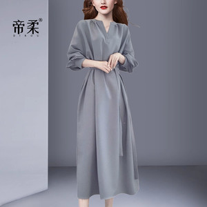 名媛轻奢风女神范系带收腰连衣裙2026夏季新款优雅时尚中长裙复古