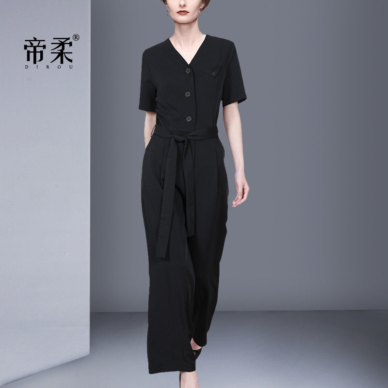 2026夏季新款高腰修身时尚气质显瘦V领系带阔腿裤半袖黑色连体衣