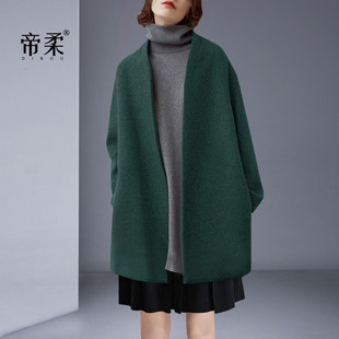 欧美复古绿气质羊毛呢外套女2025秋冬新款 小个子简约宽松呢子大衣