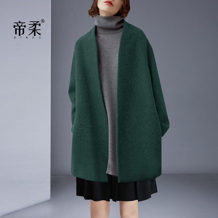 欧美复古绿气质羊毛呢外套女2024秋冬新款小个子简约宽松呢子大衣