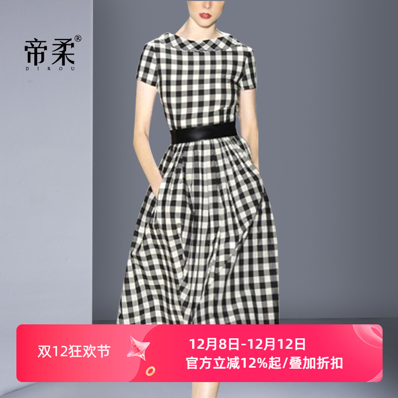气质夏季新款高档法式格子连衣裙