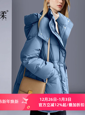 欧美2025冬季新款蓝色中长款羽绒服气质休闲加厚面包服连帽外套女