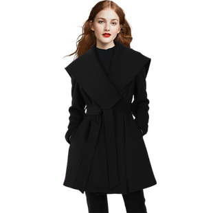 帝柔减龄大翻领黑色毛呢外套2025秋冬新品羊毛呢子大衣修身系带女