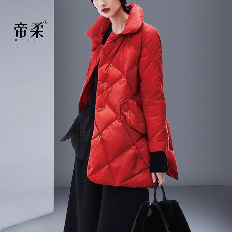 帝柔红色羽绒服中长款修身冬季零压轻薄宽松大码时尚洋气质外套潮