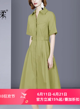 2026夏季新款青春绿色短袖衬衫连衣裙中长款高腰修身显瘦休闲通勤