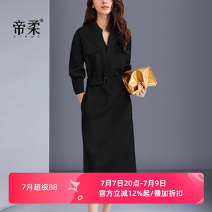 复古黑色连衣裙长袖2026春季休闲工装风修身衬衫裙时尚百搭气质