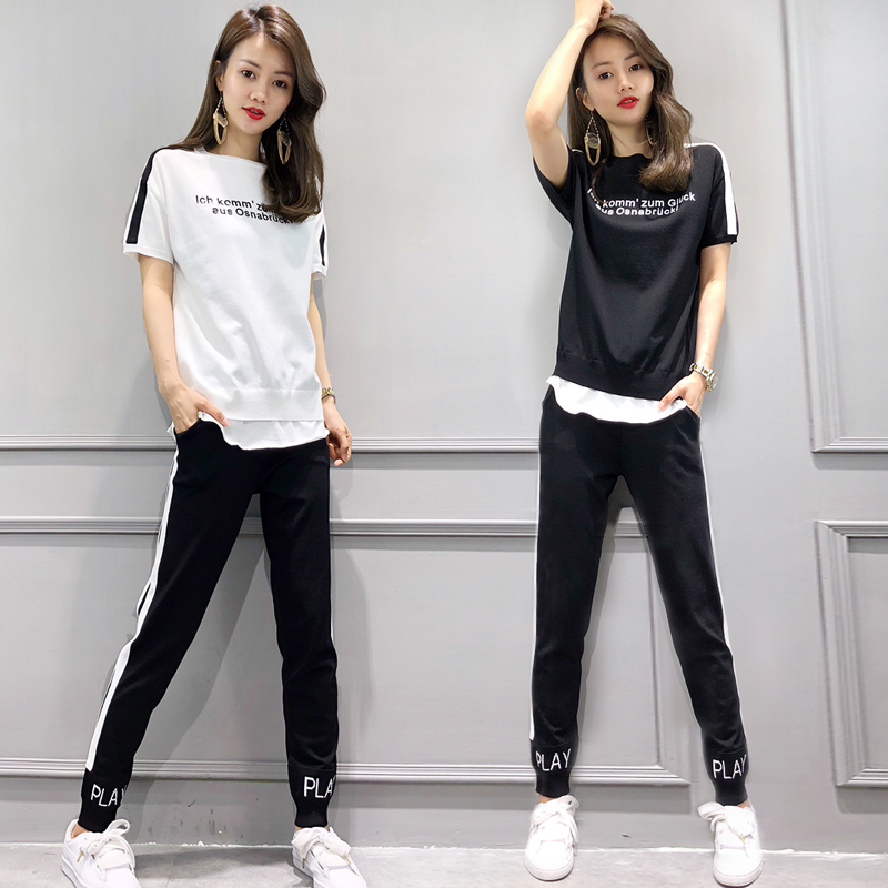 欧洲站运动休闲套装女夏2018新款时尚冰丝针织显瘦运用服两件套潮
