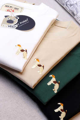 纯棉微弹短袖T恤刺绣猎狐梗小标