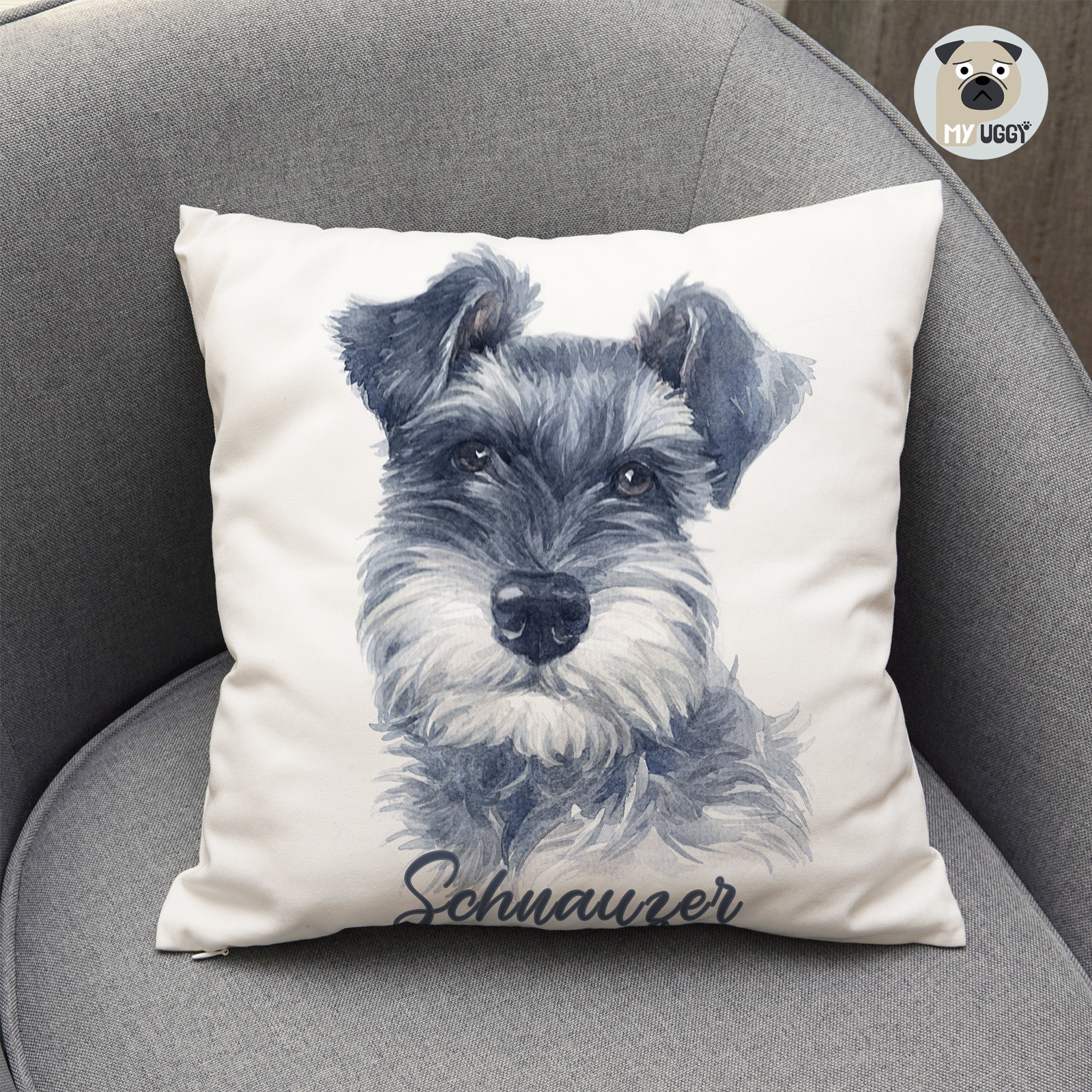 MY PUGGY 雪纳瑞犬图案抱枕羽丝绒枕芯高档欧美棉麻枕套弹性靠枕