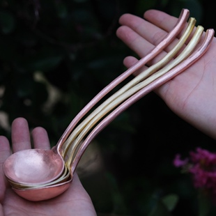 纯手工日式铜勺 紫铜可爱饭勺汤勺 黄铜咖啡勺西餐勺子调羹筷架