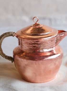 全手工纯铜烤茶罐 紫铜带盖奶壶 红铜复古可爱600ml分茶器分享壶