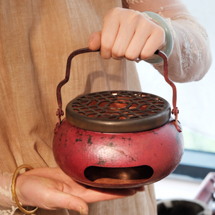 小手炉 香炉形提篮铜炉 纯手工紫铜炭炉手炉复古煮茶炉凉炉酒精炉