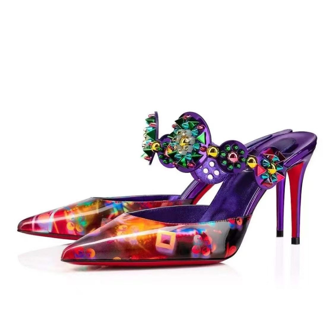 CL新款铆钉凉鞋高跟鞋j尖头红底鞋爆款女黑色后空鞋高跟鞋顶板,女鞋,其他拖鞋,淘宝优惠券,粉丝福利购,淘宝优惠卷