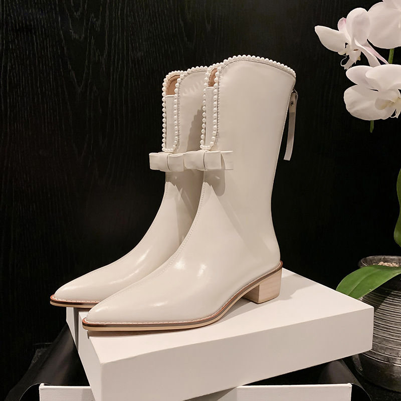 骑士靴尖头粗跟短靴甜酷女2025新款中筒靴蝴蝶结白色切尔西瘦瘦靴