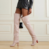 过膝长靴女 粗跟高跟圆头拼接瘦瘦靴显瘦女靴 7.5CM冬季 46码