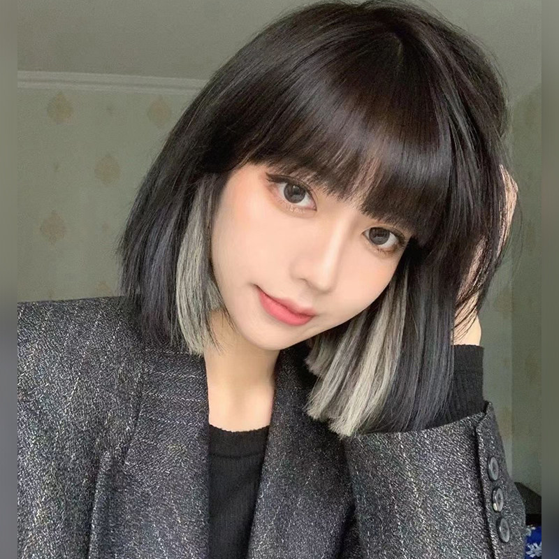 假发女短发直发挂耳染lisa同款挑染白茶灰全头套网红时尚潮流