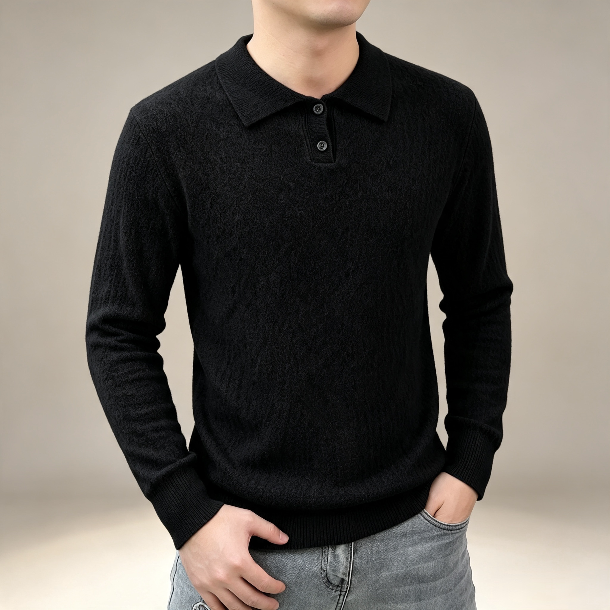 男士Polo翻领毛衣秋冬季菱形暗纹提花针织衫宽松休闲套头打底上衣