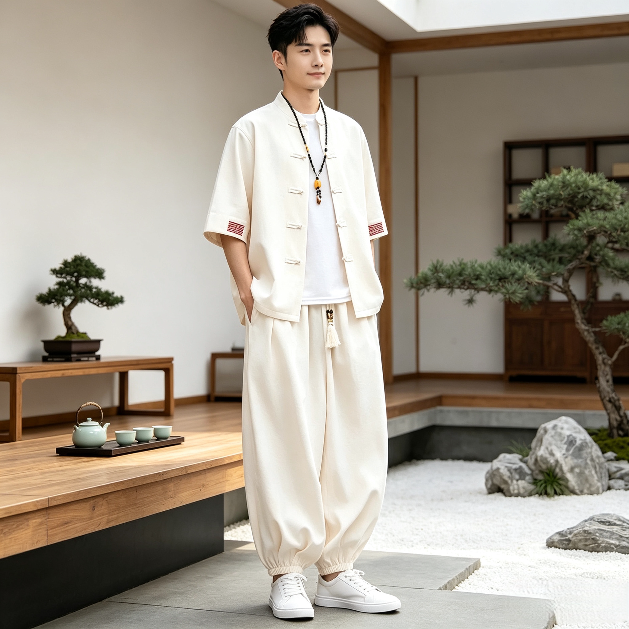 夏季新中式盘扣男士唐装两件套
