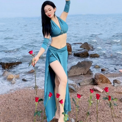 佐寒梦璐肚皮舞新款高级演出套装显瘦表演服性感气质班服长裙绿色