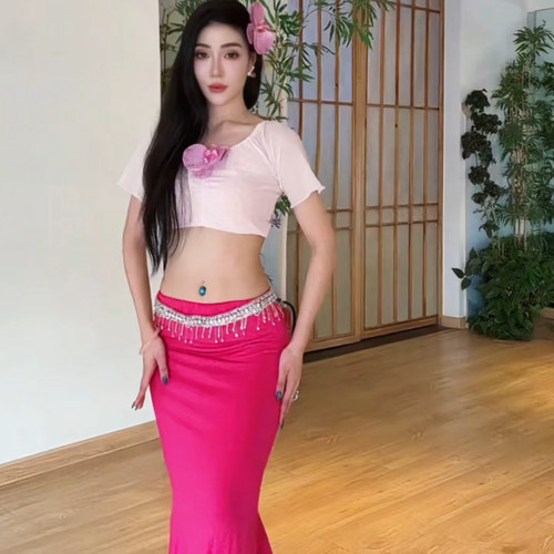 佐寒梦璐肚皮舞新款高级大码演出套装显瘦表演服性感气质班服粉色