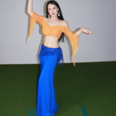 佐寒梦璐肚皮舞新款 显瘦表演服性感气质班服 高级撞色蓝色演出套装