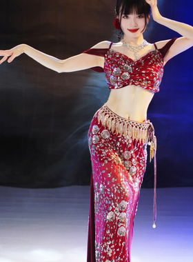 佐寒梦璐肚皮舞新款高级红色演出套装显瘦表演服性感气质班服大码