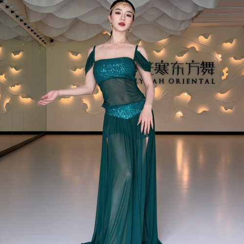 佐寒梦璐肚皮舞新款套装演出服护肚网纱带胸棉大摆裙墨绿色演出服
