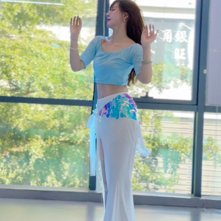 佐寒梦璐肚皮舞新款高级蓝色演出套装显瘦表演服性感气质班服大码