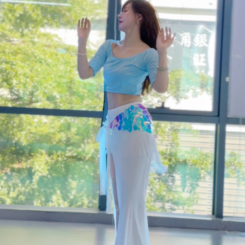 佐寒梦璐肚皮舞新款高级蓝色演出套装显瘦表演服性感气质班服大码
