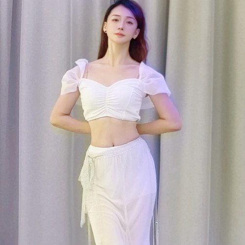 佐寒梦璐肚皮舞新款高级演出套装显瘦表演服气质班服白色鱼尾裙