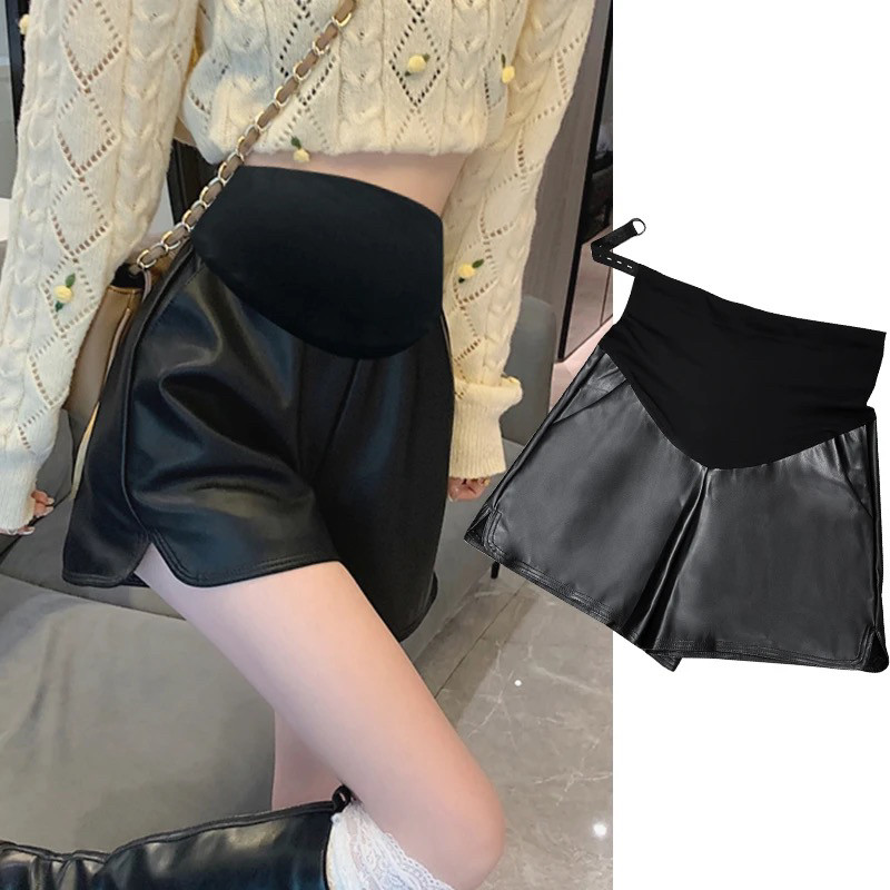 孕妇皮裤秋冬外穿休闲黑色pu开叉春秋孕妇阔腿短裤a字托腹打底裤