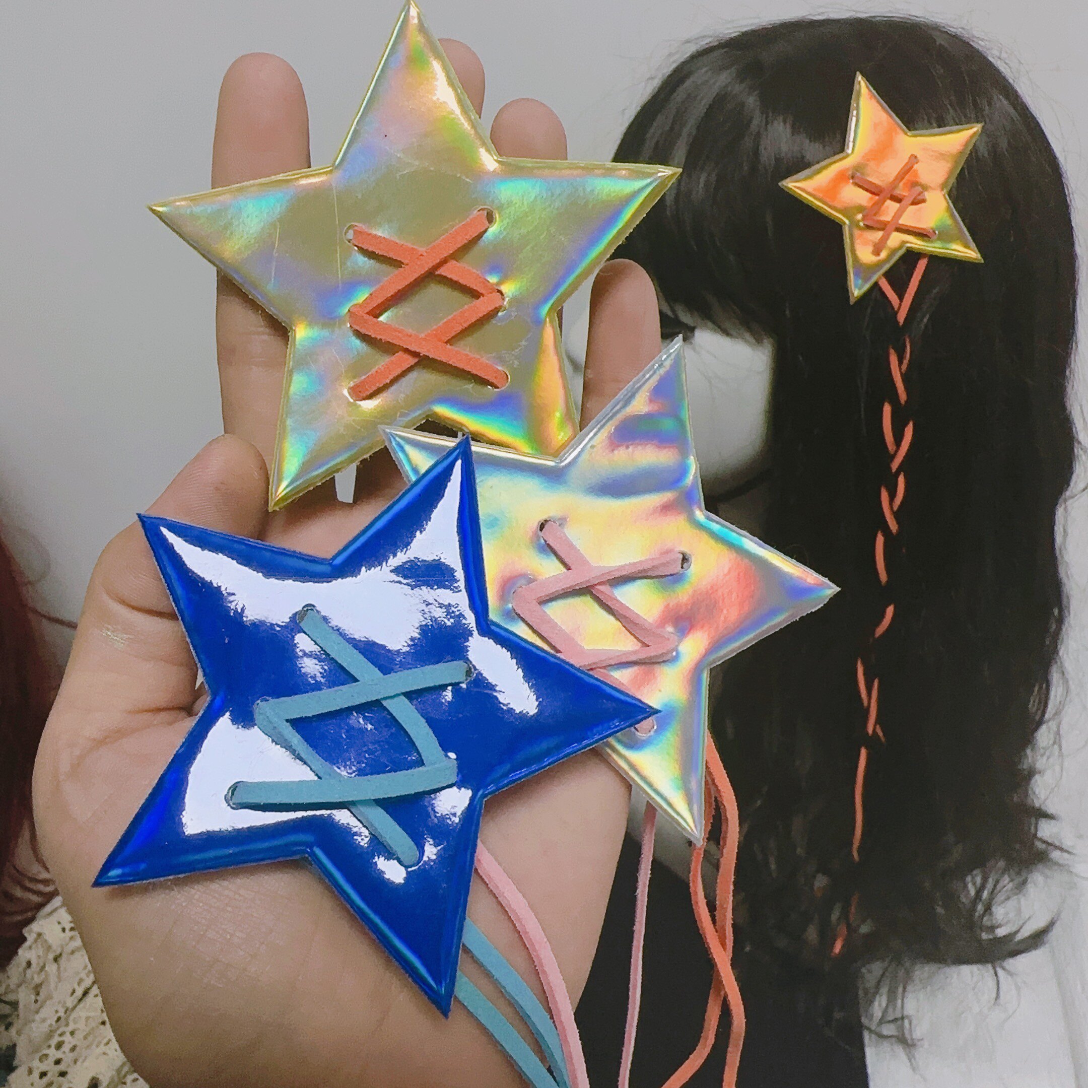 个性镭射星星绑带发夹Y2K麻花辫配饰发饰头饰辣妹千禧年饰品