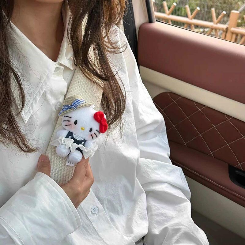 可爱草帽kitty猫安全带护肩套春日出游公仔车载内饰摆件高级感女