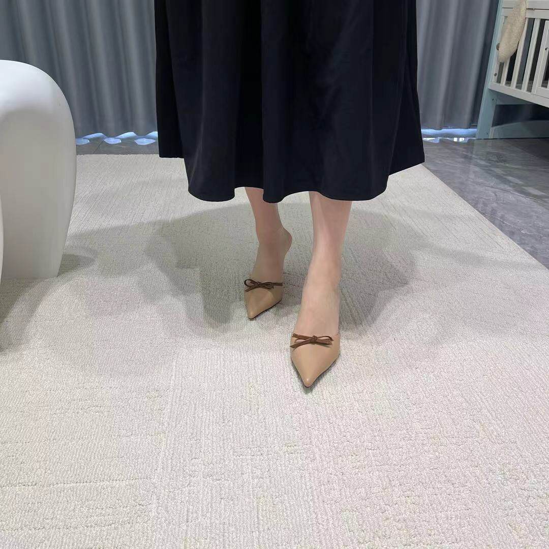 2025春季新款尖头包头拖浅口套脚女鞋拼色优雅蝴蝶结气质中高细跟