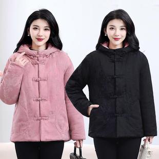 纯棉花棉袄女款2025新款冬季缎面提花连帽棉服手工盘扣棉衣外套女