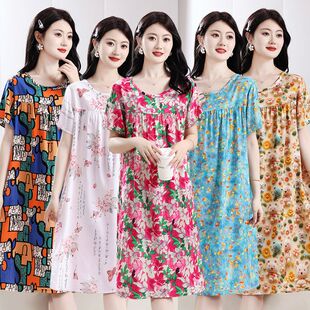 棉绸睡裙女款2026新款夏天漂亮妈妈短袖连衣裙子人造棉睡衣家居服